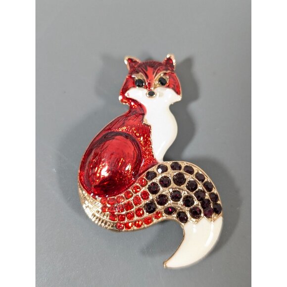 Red Fox Brooch Enamel Rhinestone Pave Gold Tone Classic Retro - Picture 2 of 5